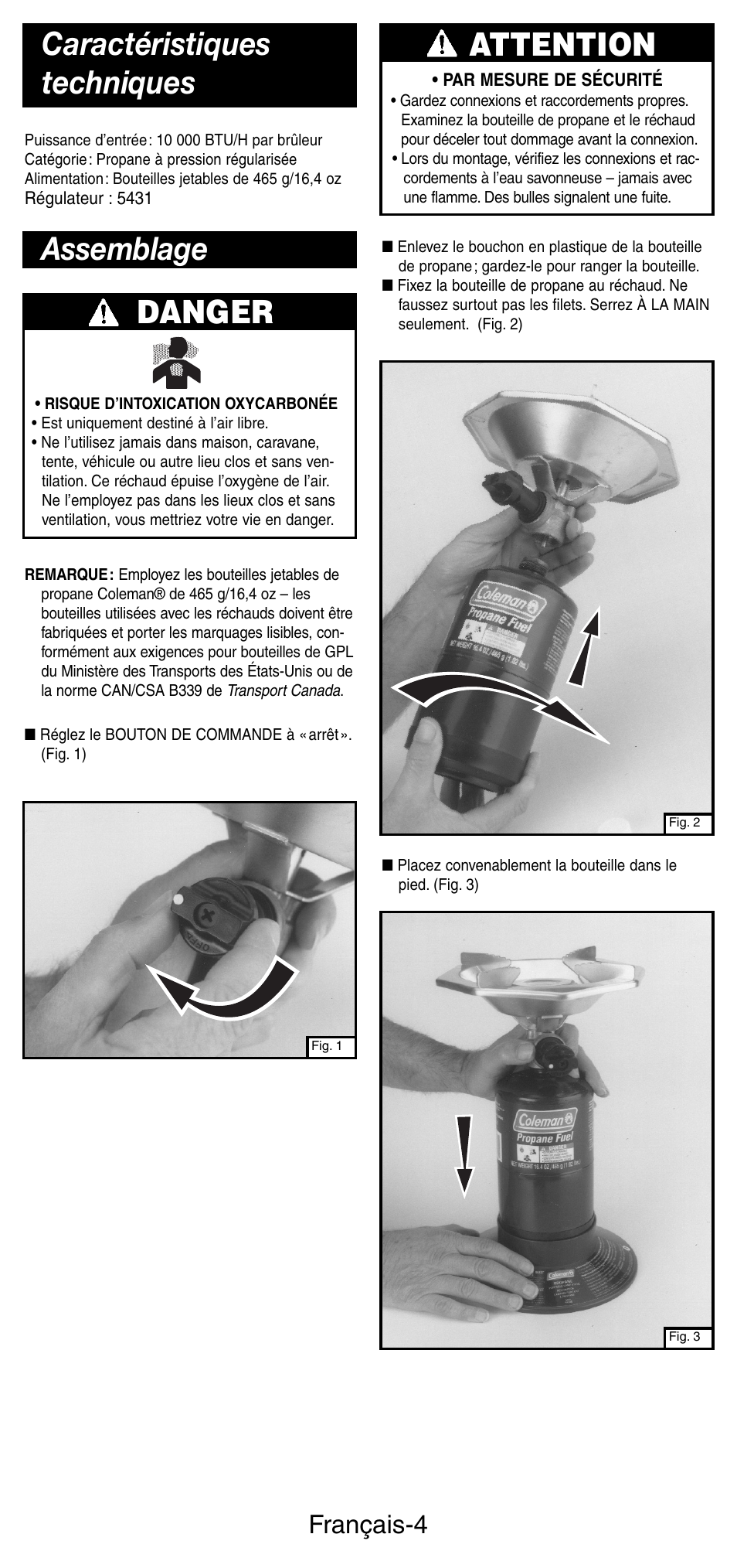 Assemblage caractéristiques techniques, Danger, Attention | Français-4 | Coleman 5431B User Manual | Page 11 / 24