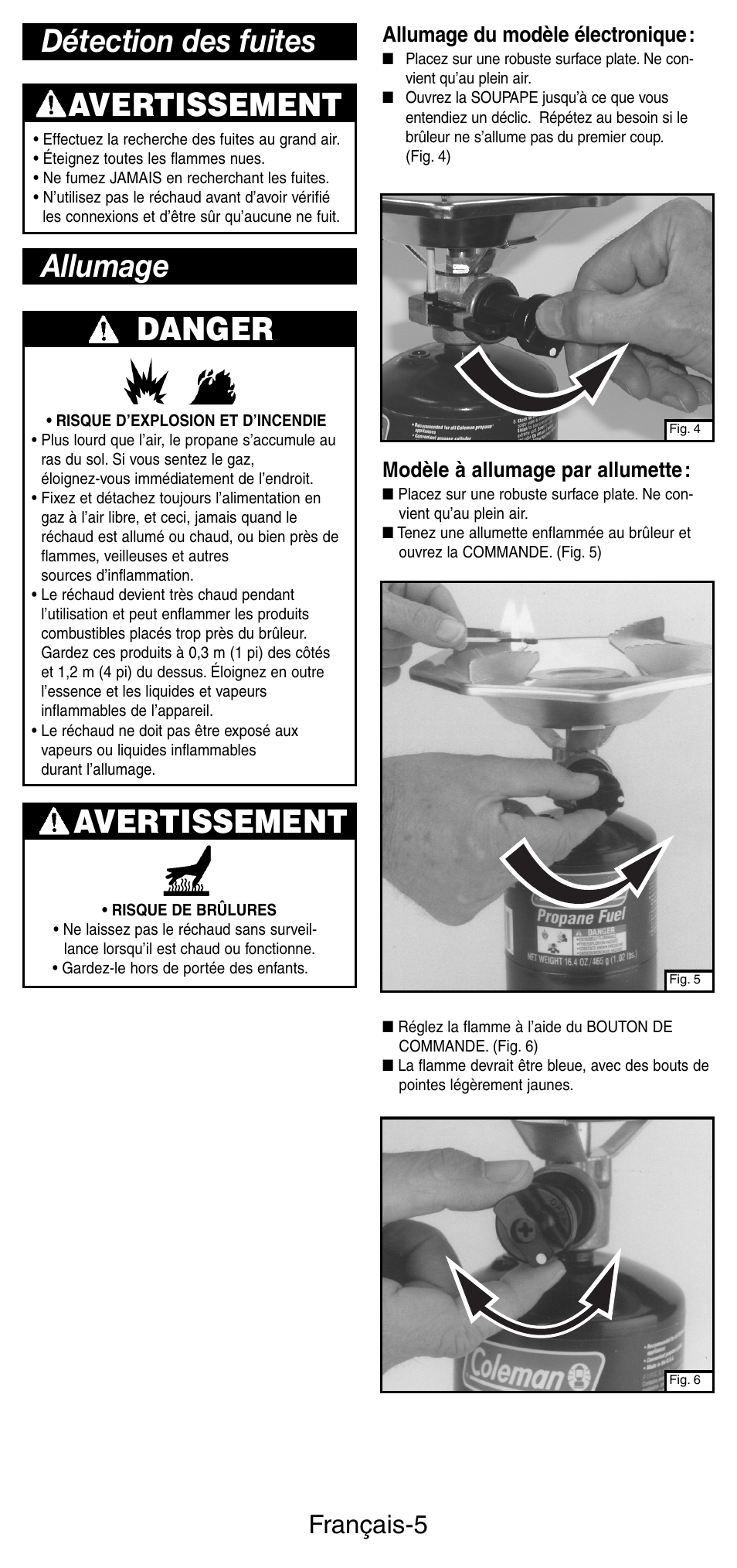 Allumage avertissement, Détection des fuites danger, Avertissement | Français-5, Modèle à allumage par allumette, Allumage du modèle électronique | Coleman 5431B User Manual | Page 12 / 24