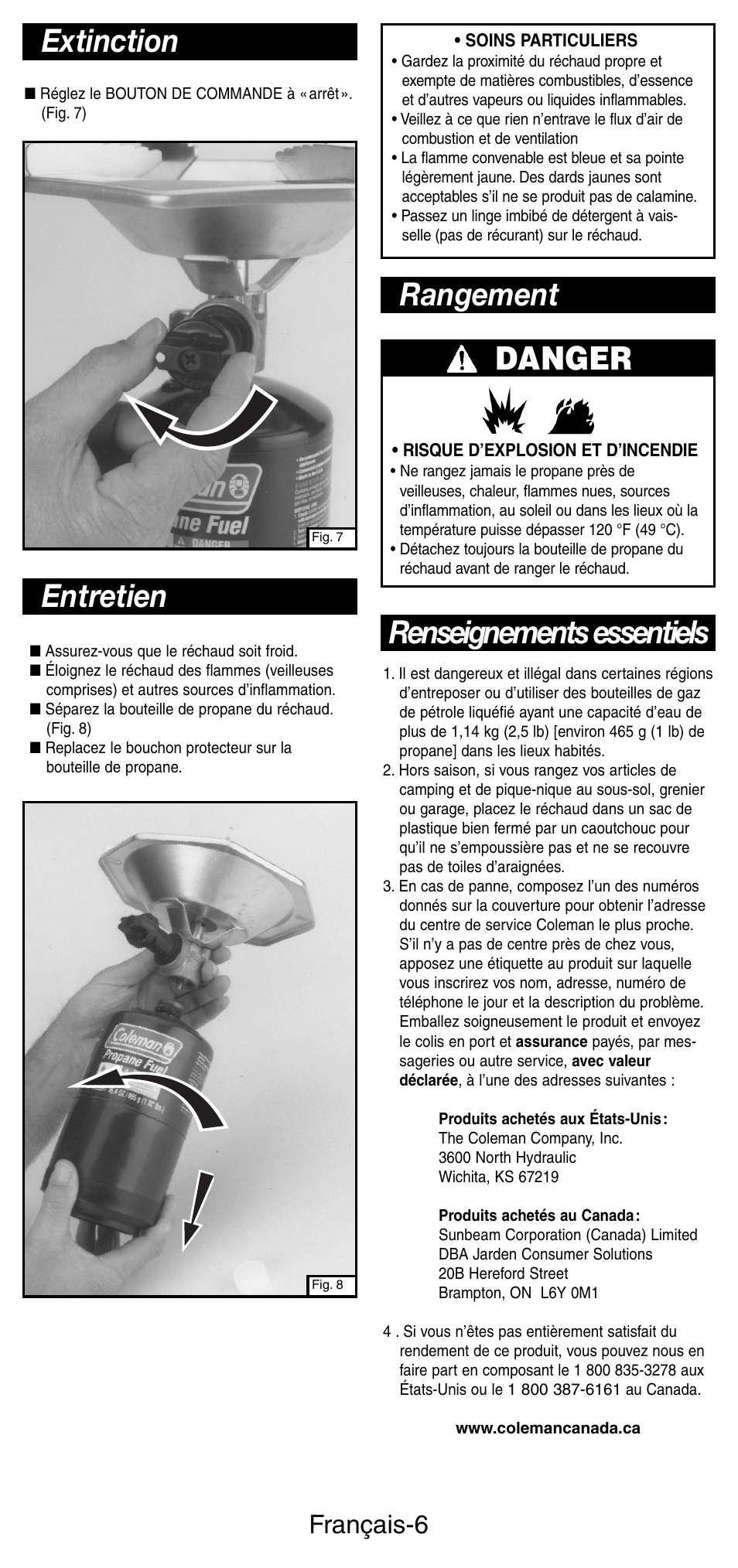 Danger, Rangement, Renseignements essentiels extinction | Entretien, Français-6 | Coleman 5431B User Manual | Page 13 / 24