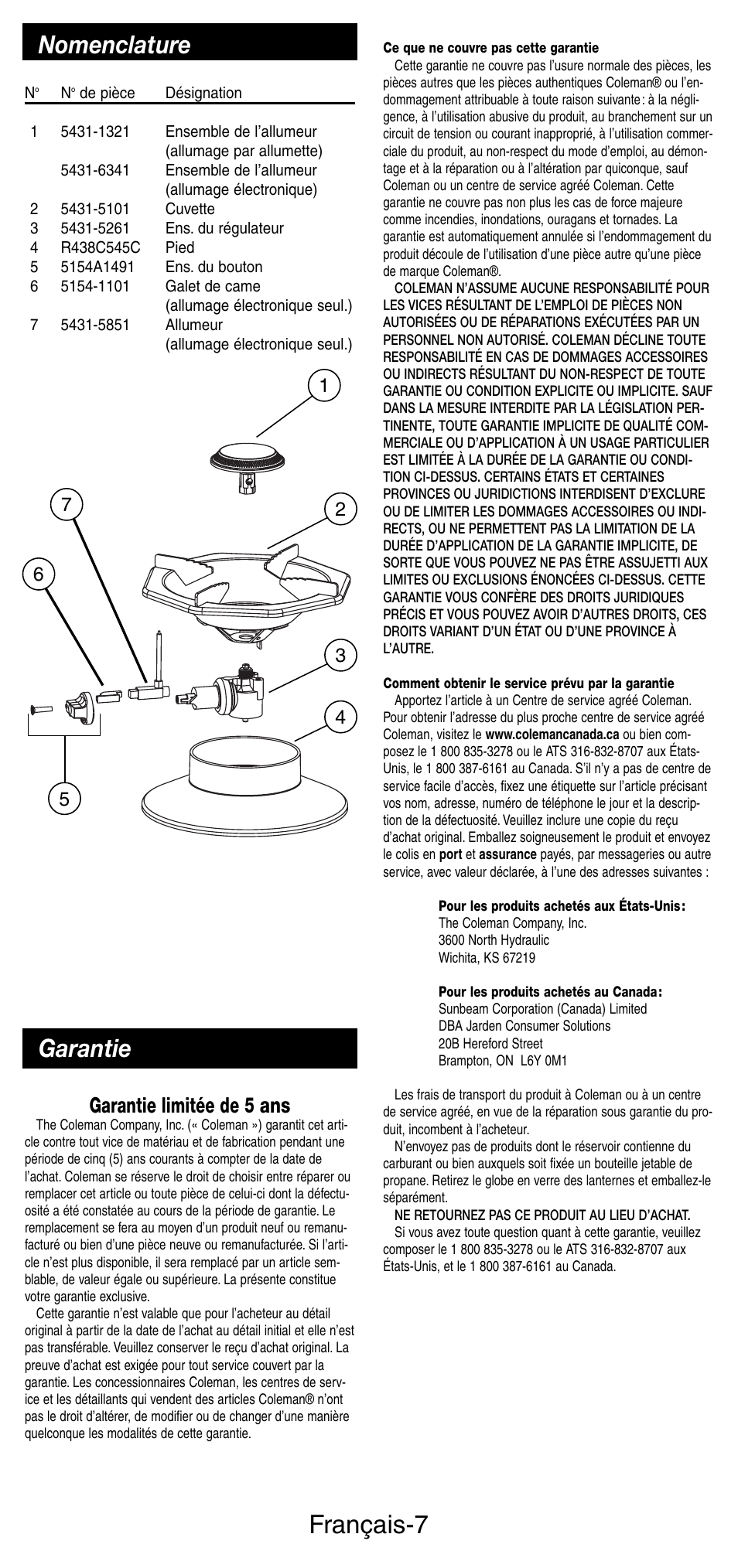 Français-7, Nomenclature, Garantie | Garantie limitée de 5 ans | Coleman 5431B User Manual | Page 14 / 24