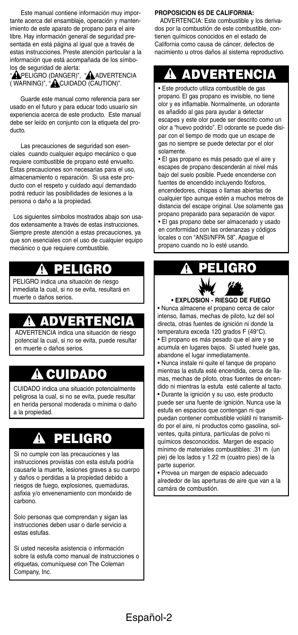 Peligro, Cuidado, Advertencia | Advertencia peligro, Español-2 | Coleman 5431B User Manual | Page 16 / 24