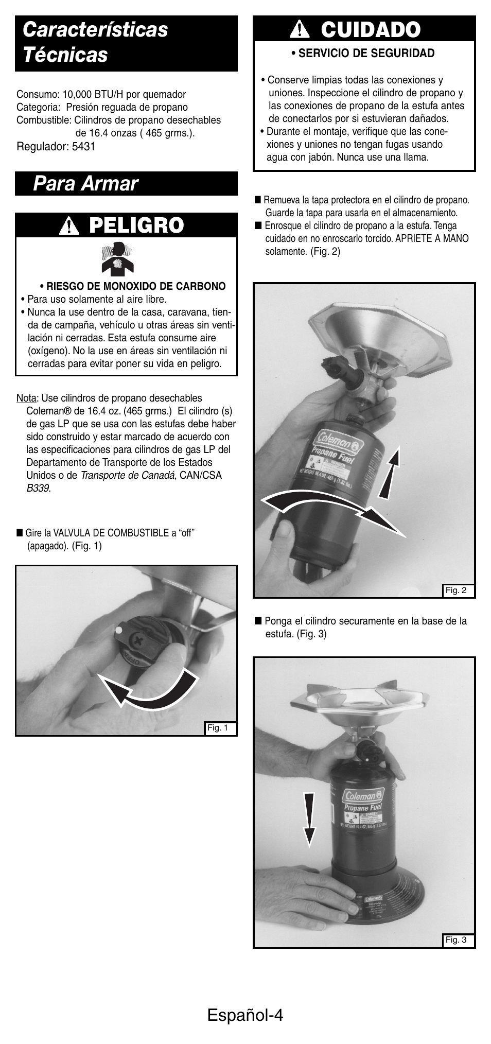 Características técnicas, Para armar peligro, Cuidado | Español-4 | Coleman 5431B User Manual | Page 18 / 24