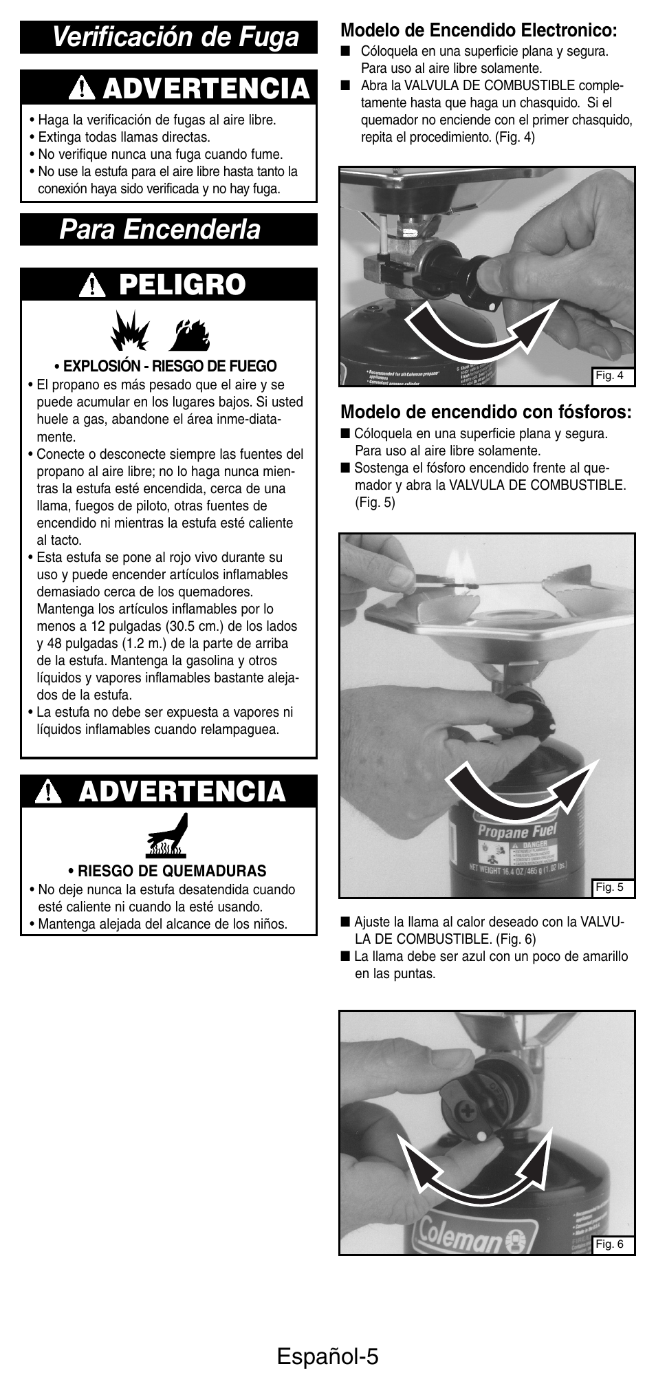 Advertencia, Verificación de fuga para encenderla peligro, Español-5 | Modelo de encendido con fósforos, Modelo de encendido electronico | Coleman 5431B User Manual | Page 19 / 24