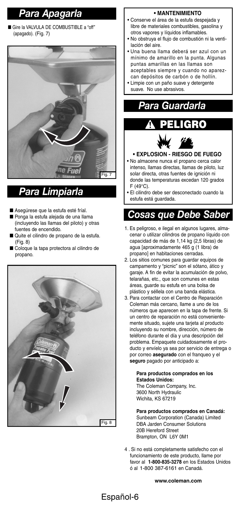 Para limpiarla, Cosas que debe saber peligro, Para guardarla para apagarla | Español-6 | Coleman 5431B User Manual | Page 20 / 24