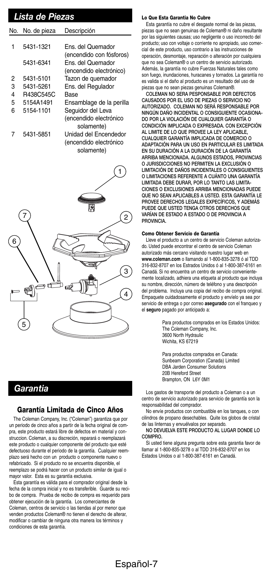 Español-7, Lista de piezas, Garantia | Garantía limitada de cinco años | Coleman 5431B User Manual | Page 21 / 24