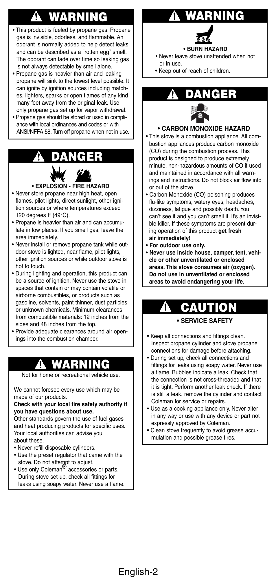 Warning danger, Warning, Danger | Caution, English-2 | Coleman 5431B User Manual | Page 3 / 24