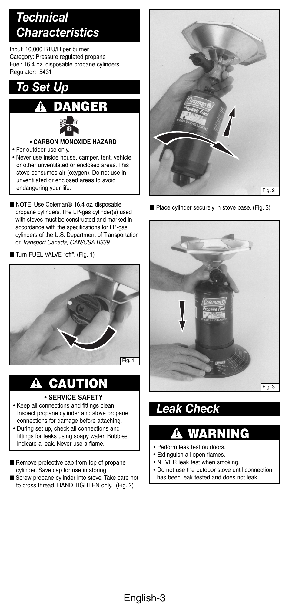 Danger, Caution, Warning | Leak check, English-3 | Coleman 5431B User Manual | Page 4 / 24