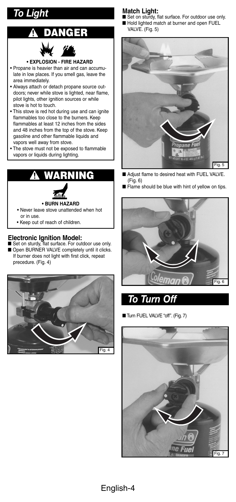 Warning, English-4, Electronic ignition model | Match light | Coleman 5431B User Manual | Page 5 / 24