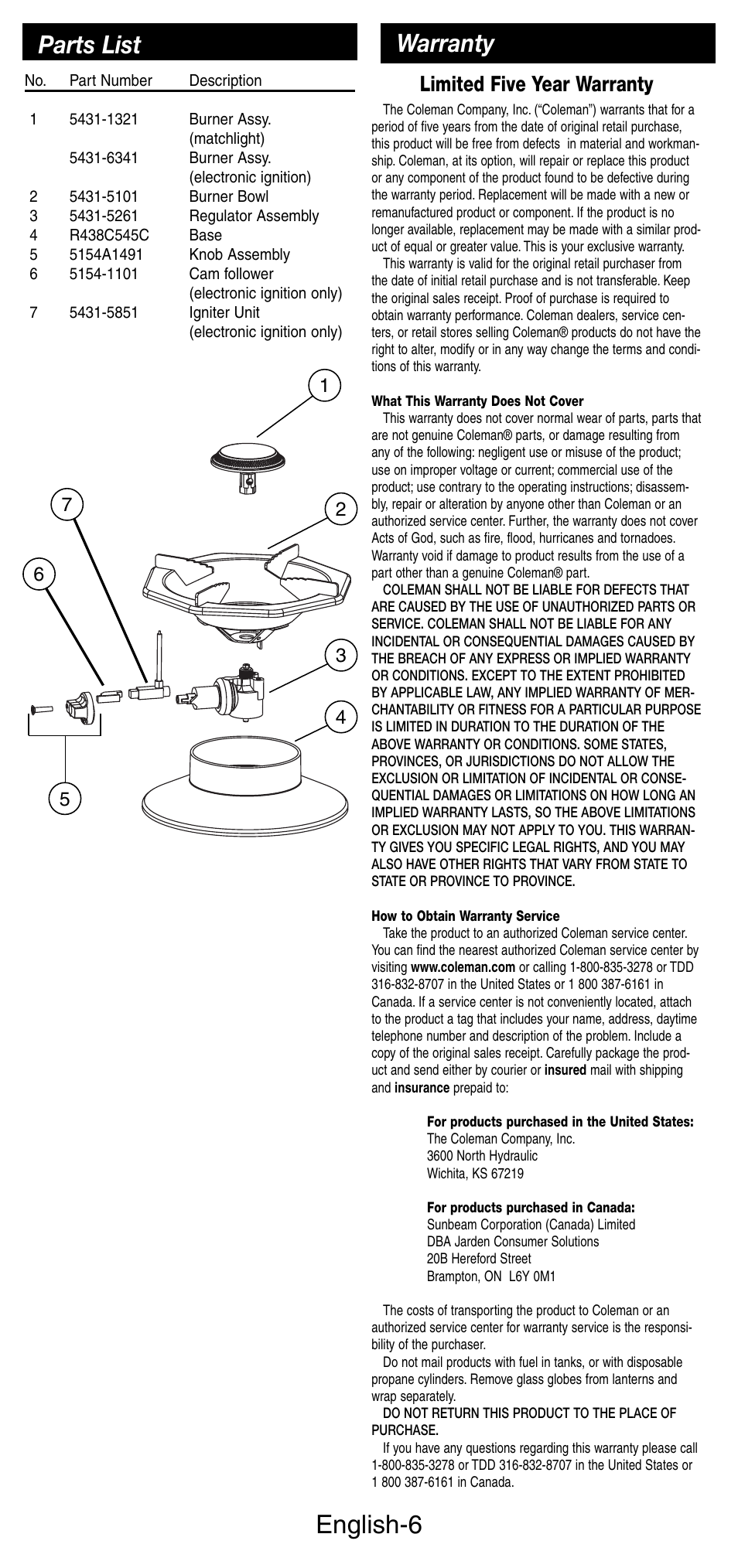 English-6, Warranty parts list, Limited five year warranty | Coleman 5431B User Manual | Page 7 / 24