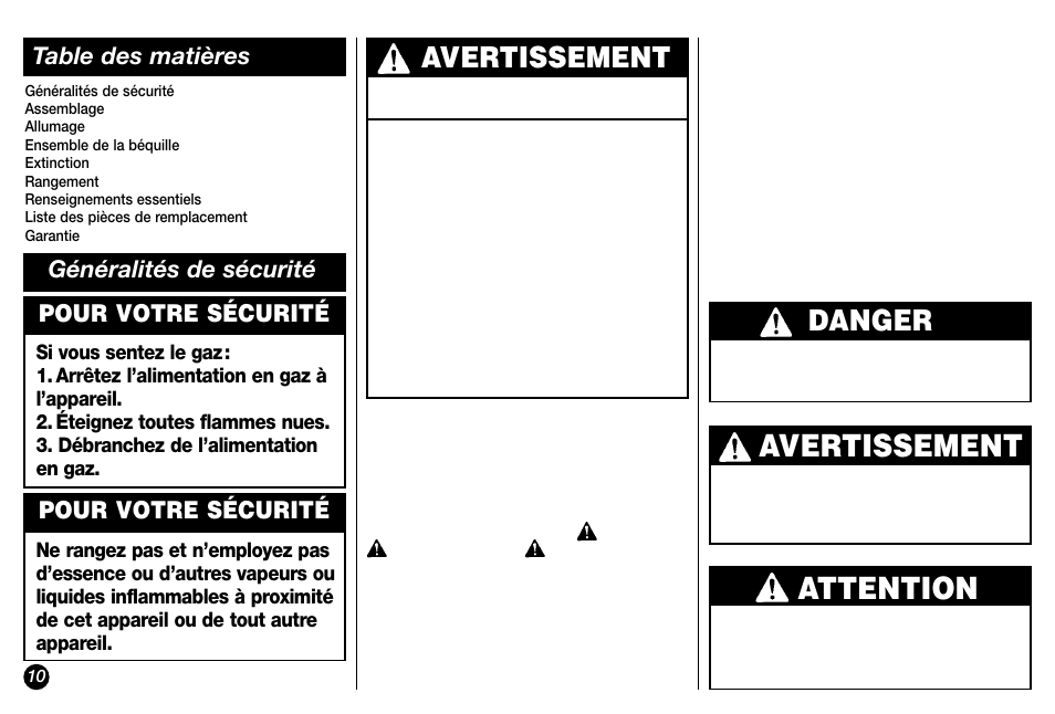 Avertissement, Attention, Danger | Coleman 5036 User Manual | Page 10 / 24