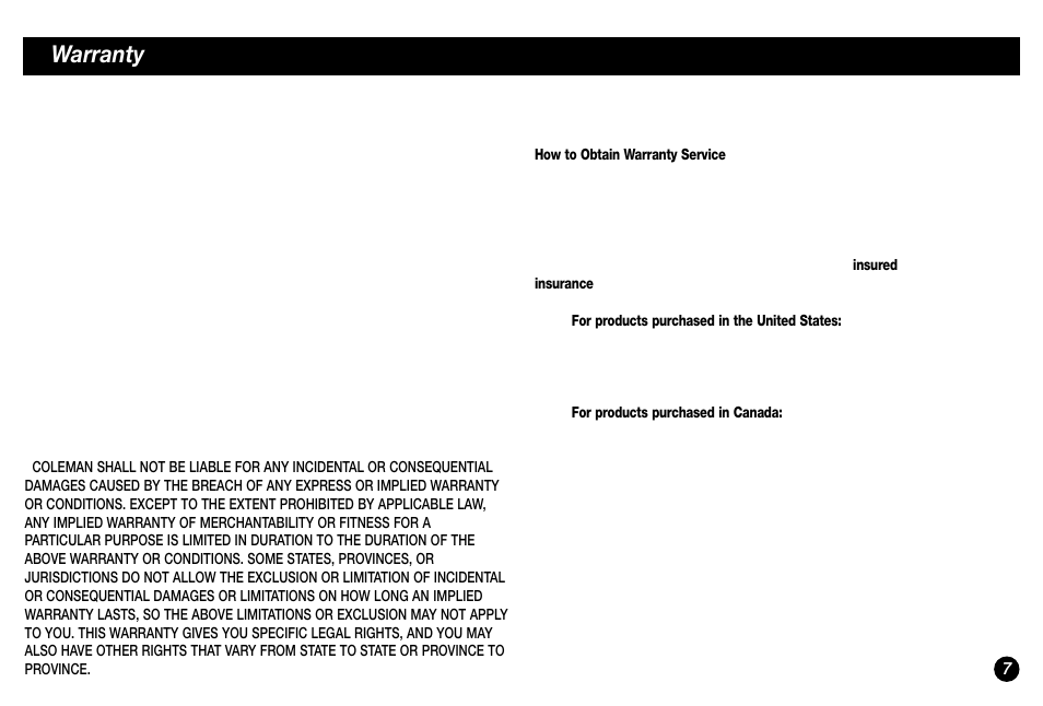 Limited lifetime warranty, Warranty | Coleman 5036 User Manual | Page 7 / 24