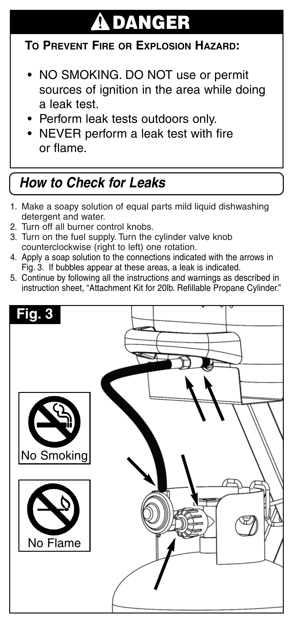 Danger, Fig. 3, How to check for leaks | No smoking no flame | Coleman 9928 User Manual | Page 3 / 4