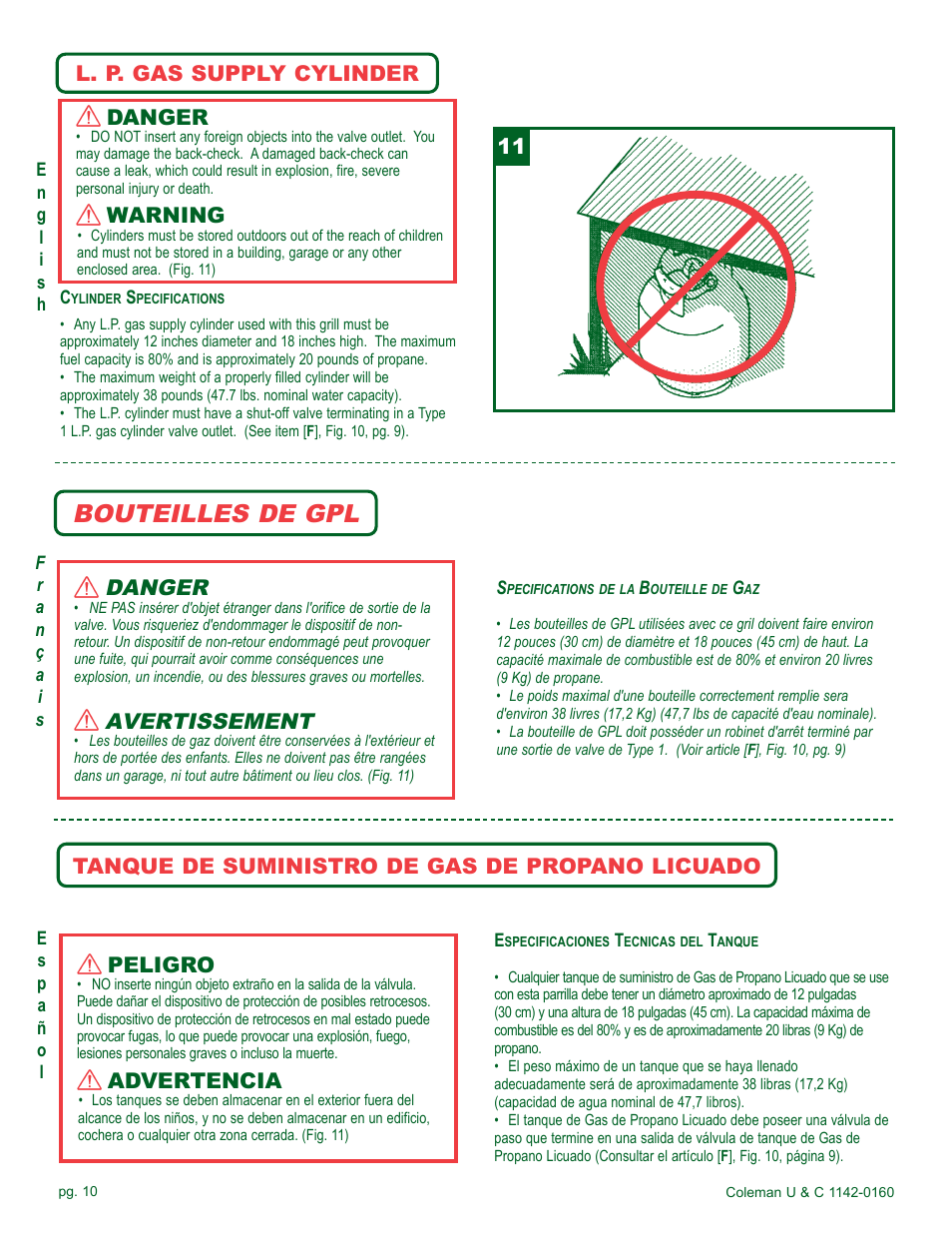 Bouteilles de gpl, Danger, Avertissement | L. p. gas supply cylinder danger, Warning, Advertencia | Coleman Gas Barbecue User Manual | Page 10 / 44