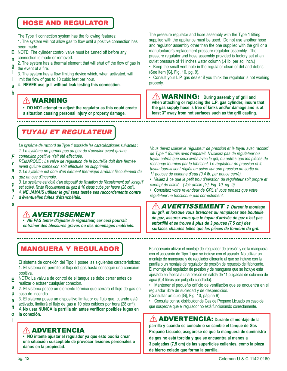 Tuyau et regulateur, Avertissement, Hose and regulator | Warning, Manguera y regulador, Advertencia | Coleman Gas Barbecue User Manual | Page 12 / 44