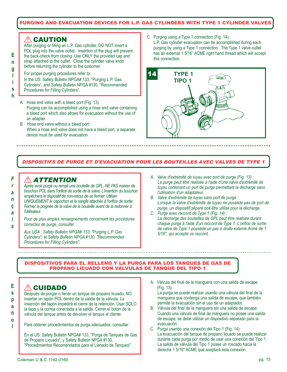 Attention, Caution, Cuidado | Coleman Gas Barbecue User Manual | Page 15 / 44