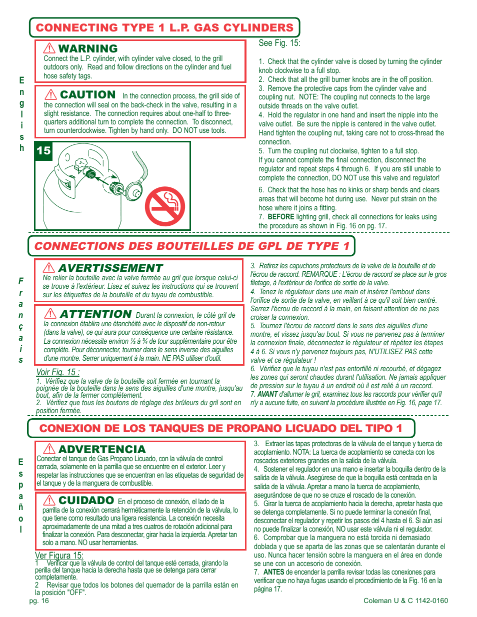 Attention, Avertissement, Connections des bouteilles de gpl de type 1 | Connecting type 1 l.p. gas cylinders caution, Warning, Advertencia | Coleman Gas Barbecue User Manual | Page 16 / 44