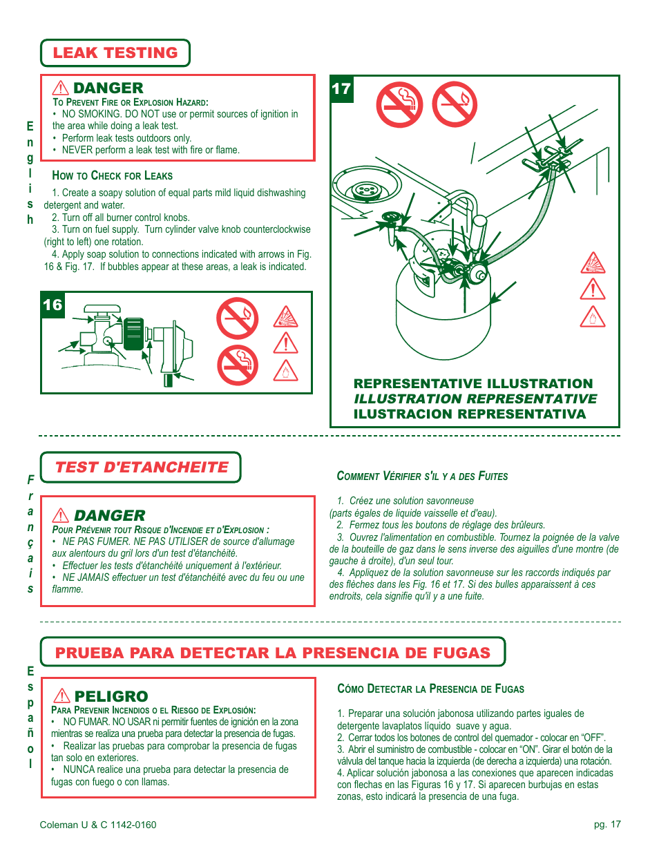 Danger, Test d'etancheite, Leak testing danger | Peligro, Prueba para detectar la presencia de fugas | Coleman Gas Barbecue User Manual | Page 17 / 44