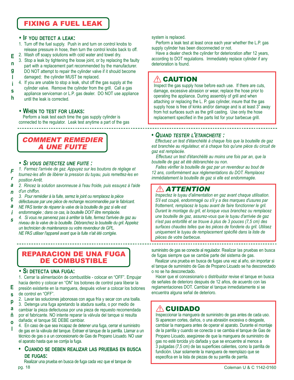 Attention, Comment remedier a une fuite, Fixing a fuel leak • i | Caution, Cuidado, Reparacion de una fuga de combustible | Coleman Gas Barbecue User Manual | Page 18 / 44