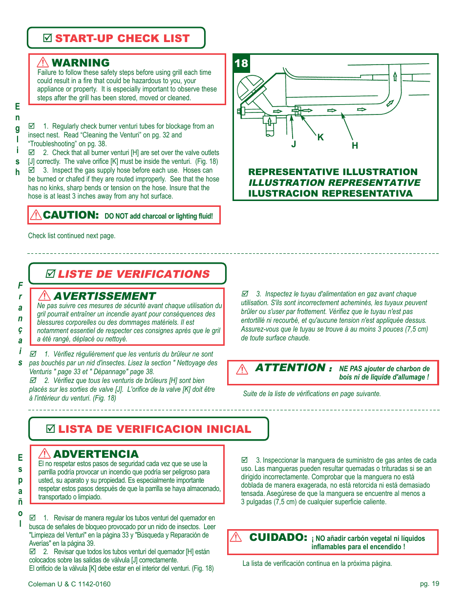 Avertissement, Liste de verifications, Attention | Start-up check list, Warning, Caution, Advertencia, Lista de verificacion inicial, Cuidado | Coleman Gas Barbecue User Manual | Page 19 / 44