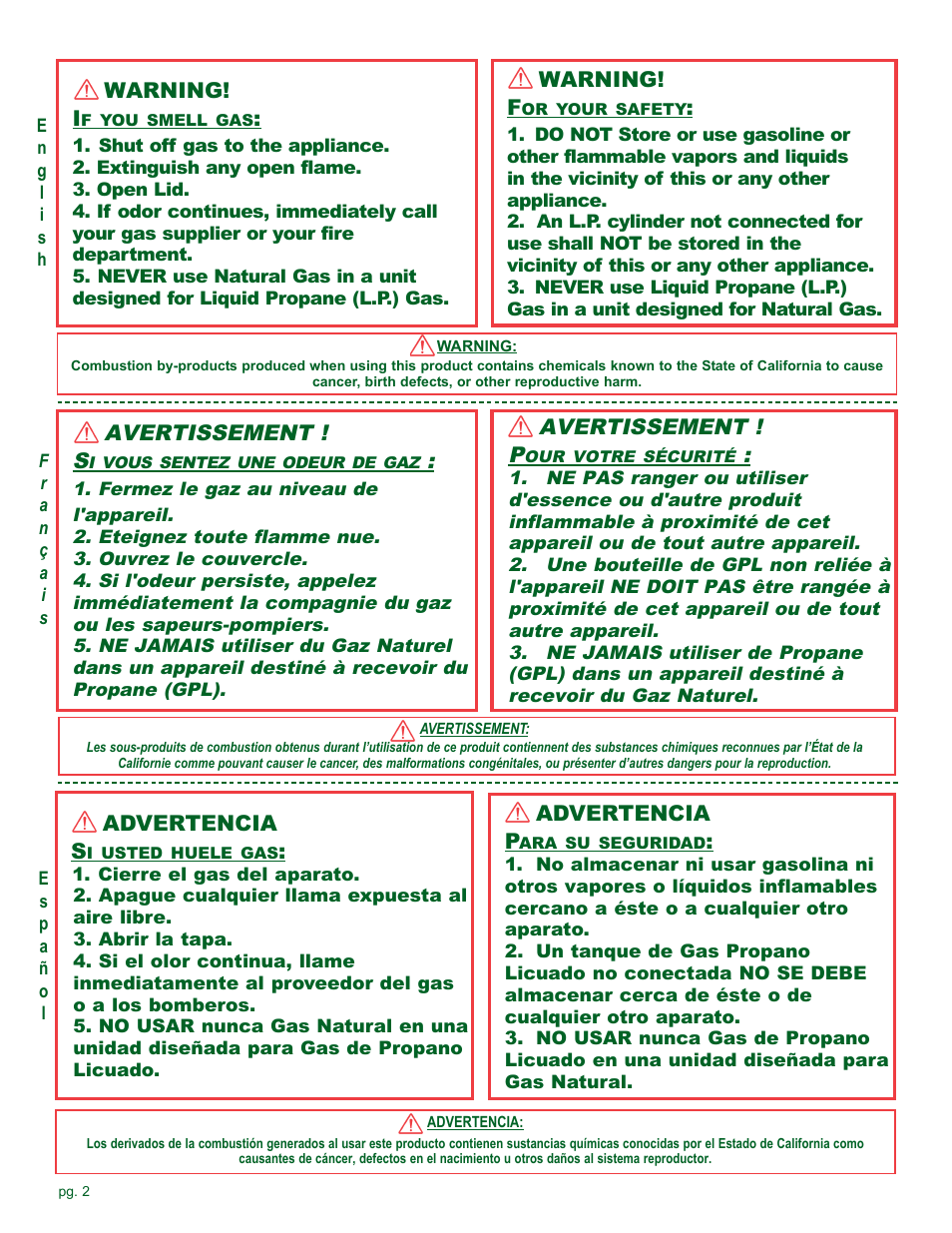 Avertissement ! s, Avertissement ! p, Warning! i | Warning! f, Advertencia s, Advertencia p | Coleman Gas Barbecue User Manual | Page 2 / 44