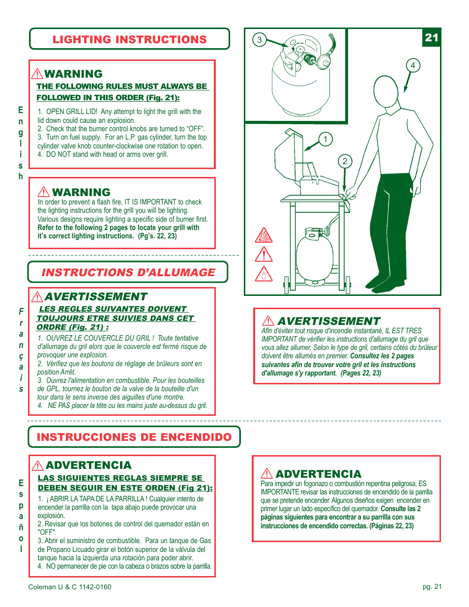 Avertissement, Instructions d’allumage, Lighting instructions 21 warning | Warning, Advertencia, Instrucciones de encendido | Coleman Gas Barbecue User Manual | Page 21 / 44