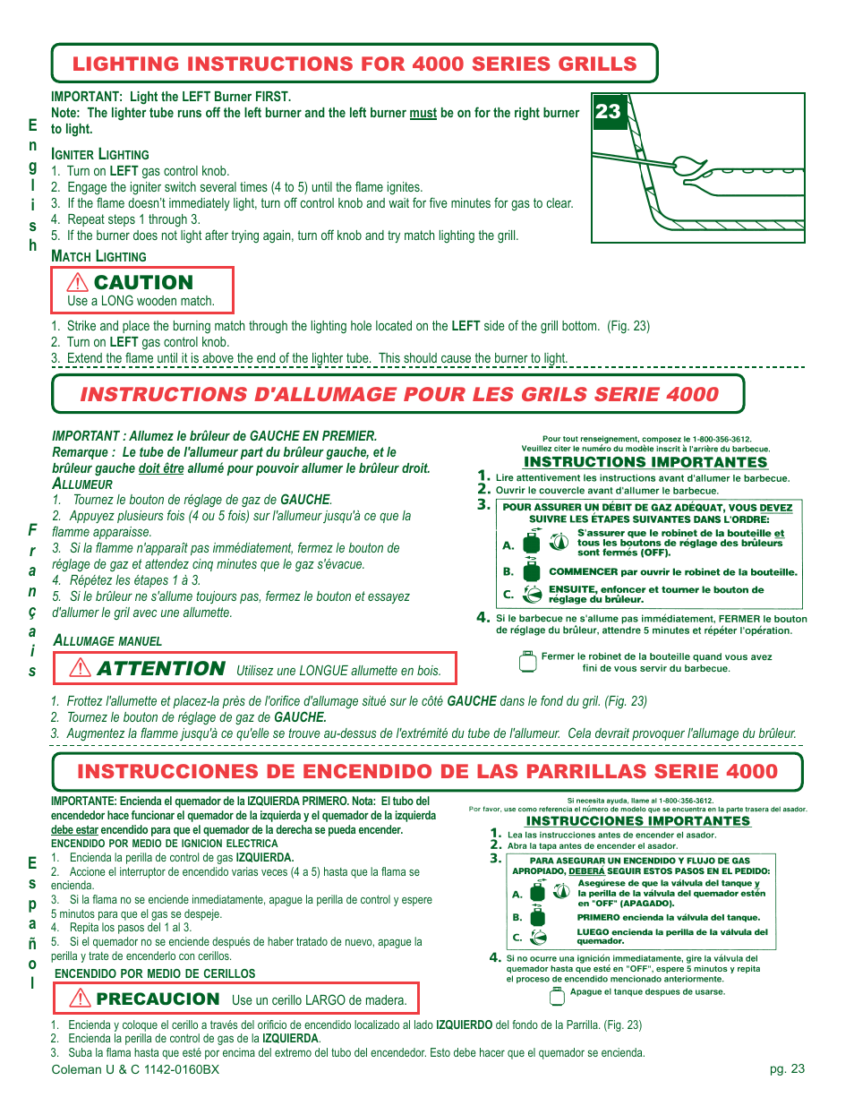 Attention, Instructions d'allumage pour les grils serie 4000, Lighting instructions for 4000 series grills | Caution | Coleman Gas Barbecue User Manual | Page 23 / 44