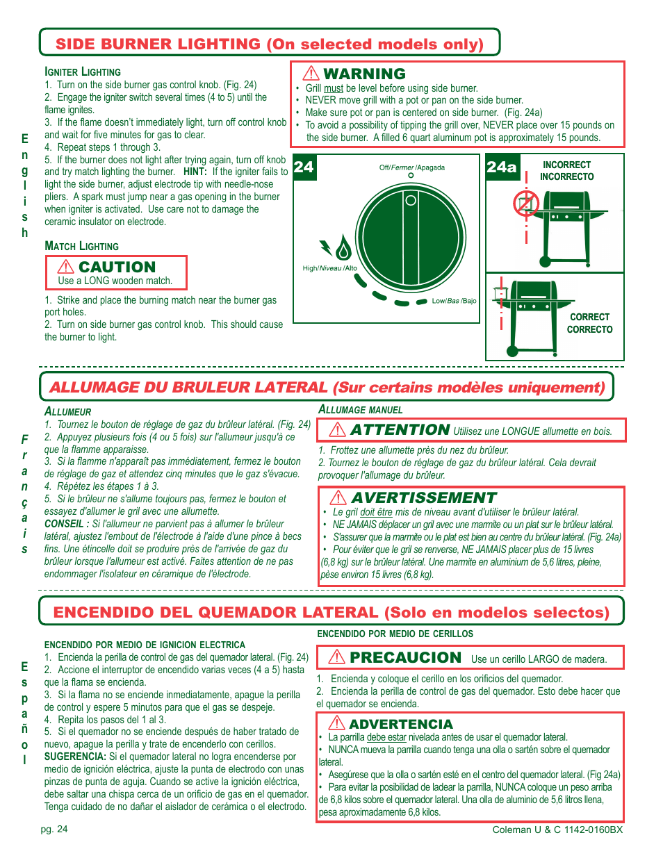 Avertissement, Attention, Warning | Side burner lighting (on selected models only), Caution, Precaucion, 24a 24 | Coleman Gas Barbecue User Manual | Page 24 / 44