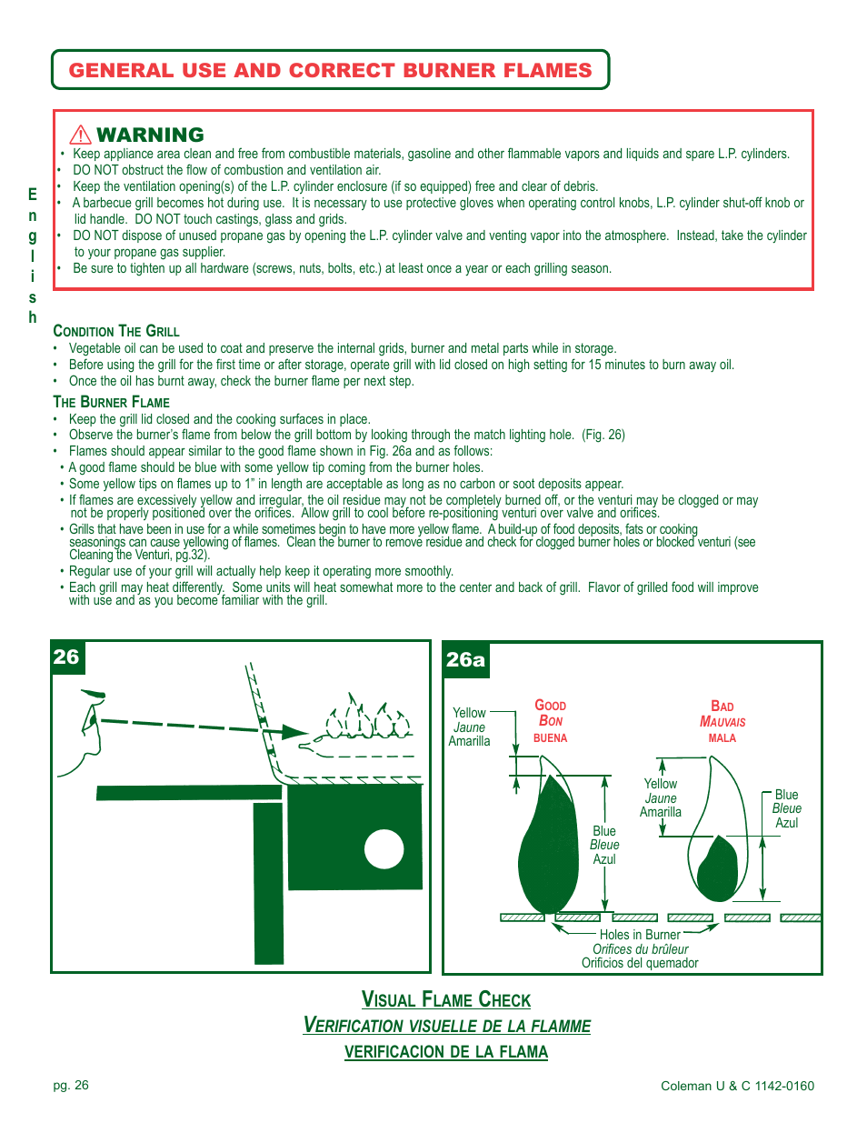 General use and correct burner flames warning, 26a 26 | Coleman Gas Barbecue User Manual | Page 26 / 44