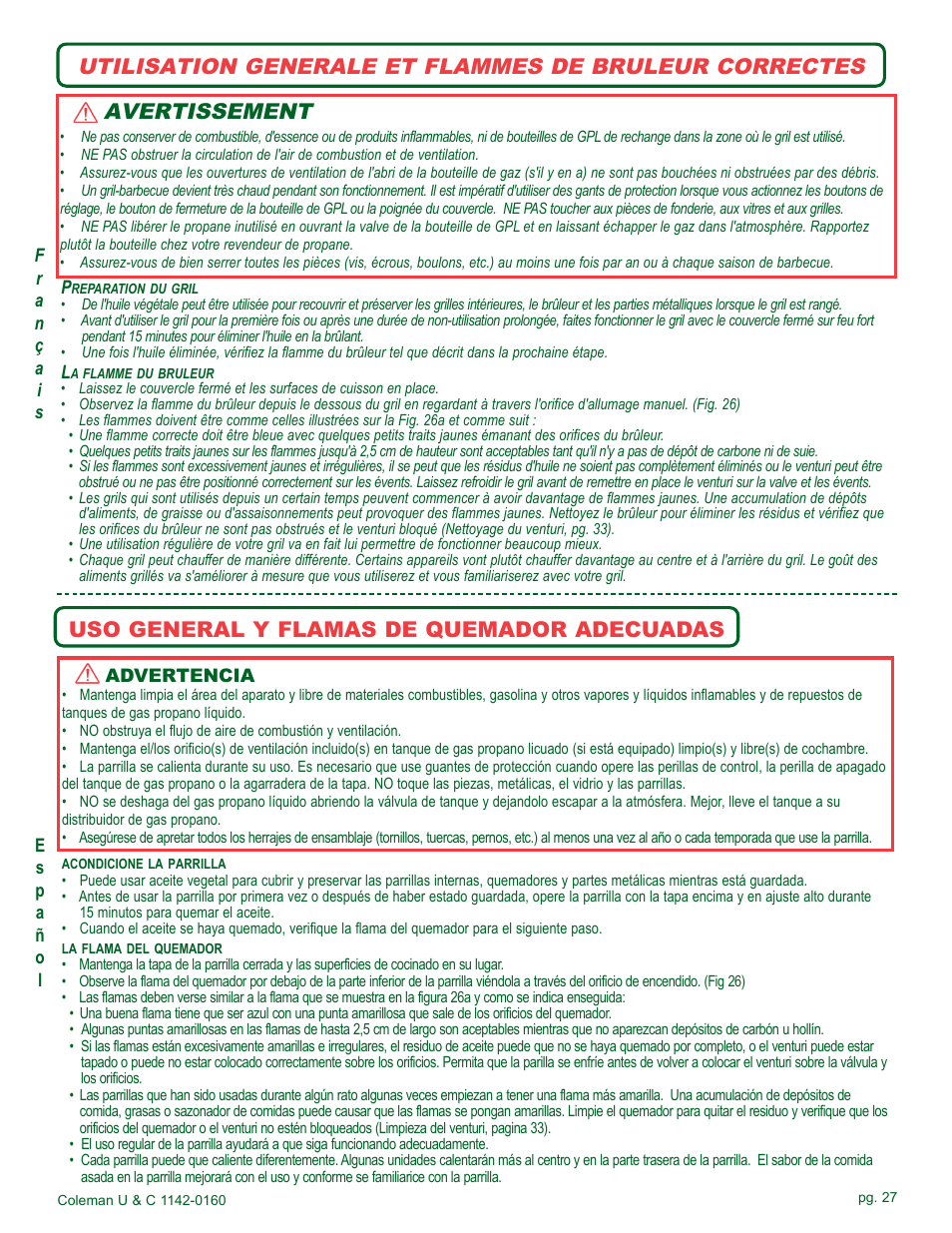 Avertissement, Uso general y flamas de quemador adecuadas | Coleman Gas Barbecue User Manual | Page 27 / 44
