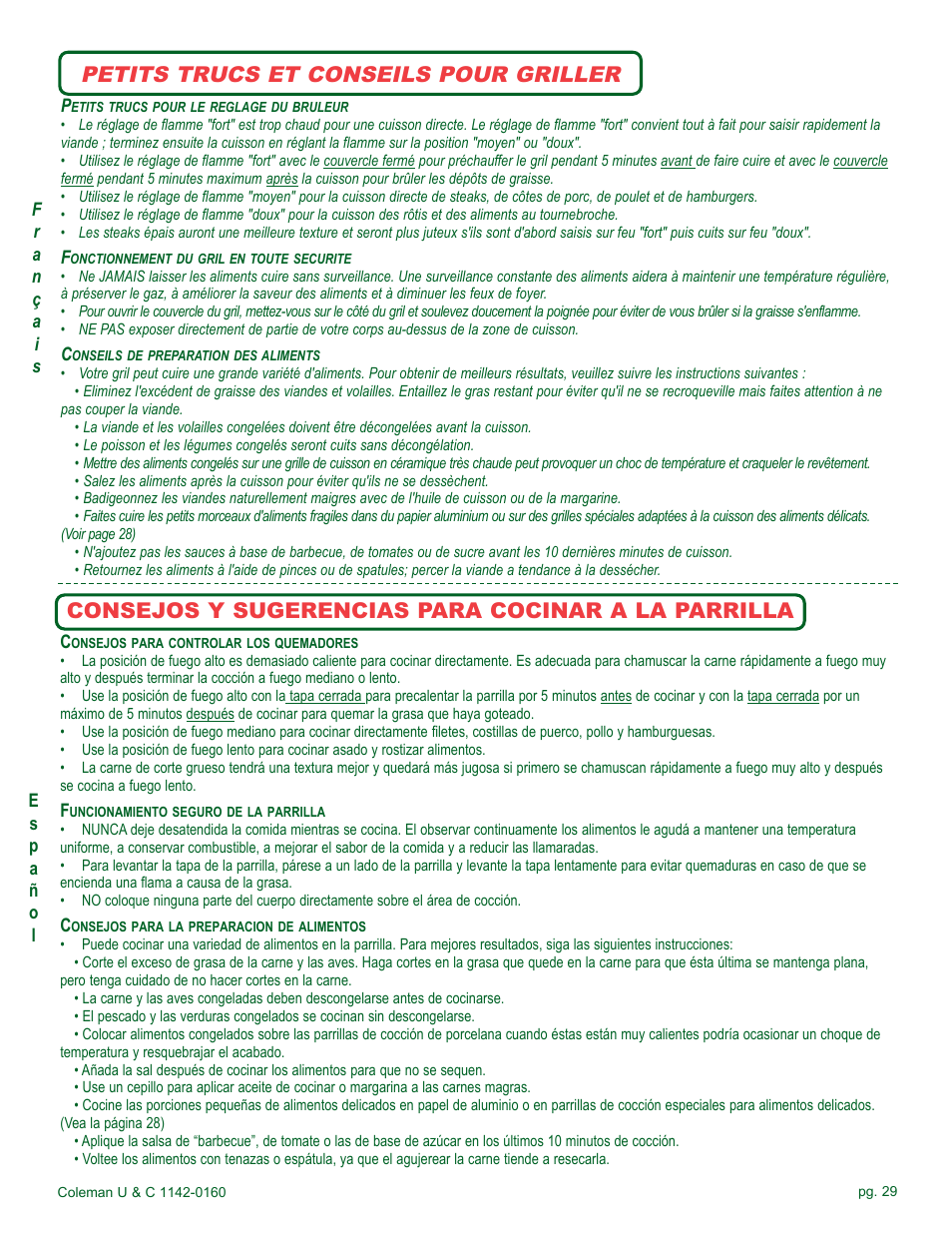 Petits trucs et conseils pour griller, Consejos y sugerencias para cocinar a la parrilla | Coleman Gas Barbecue User Manual | Page 29 / 44