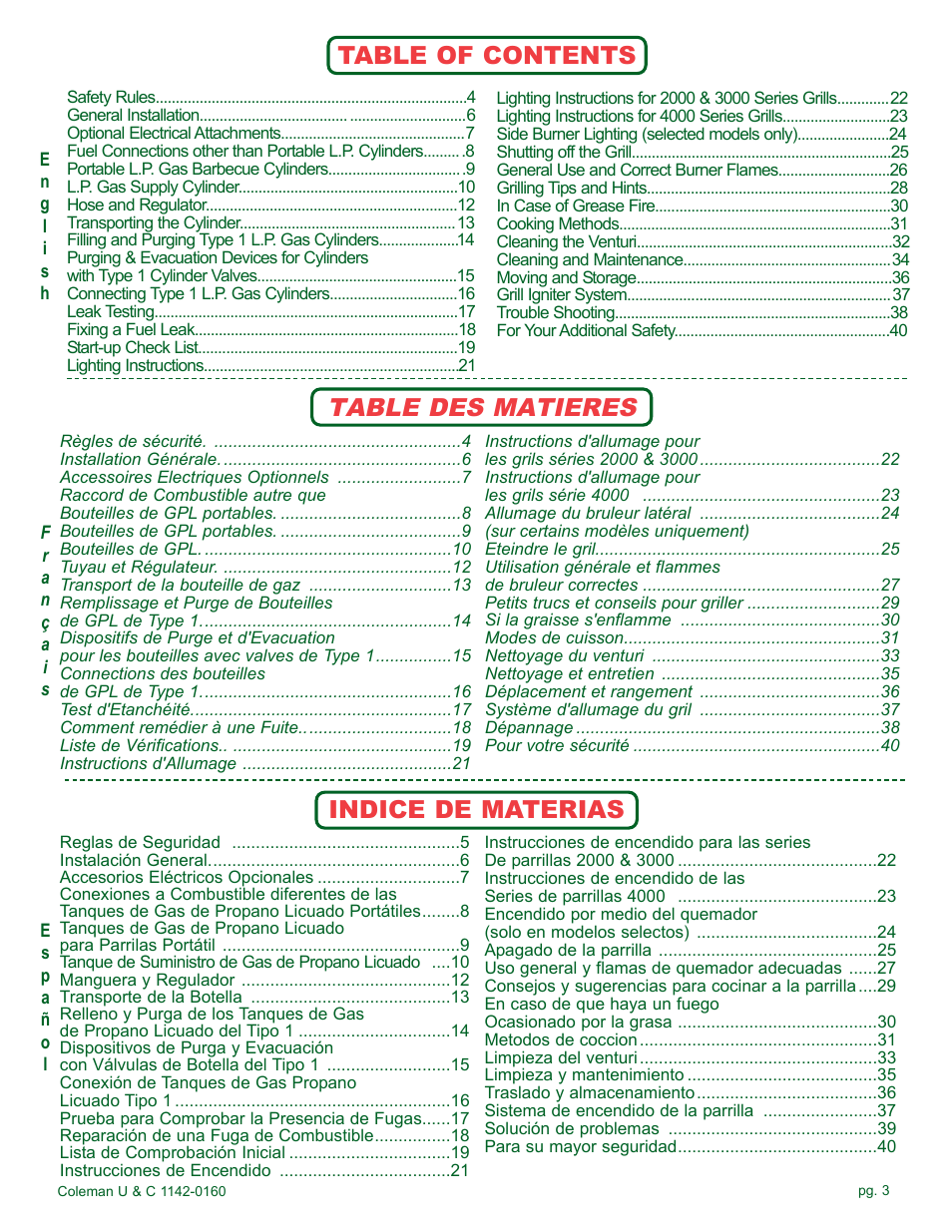 Coleman Gas Barbecue User Manual | Page 3 / 44