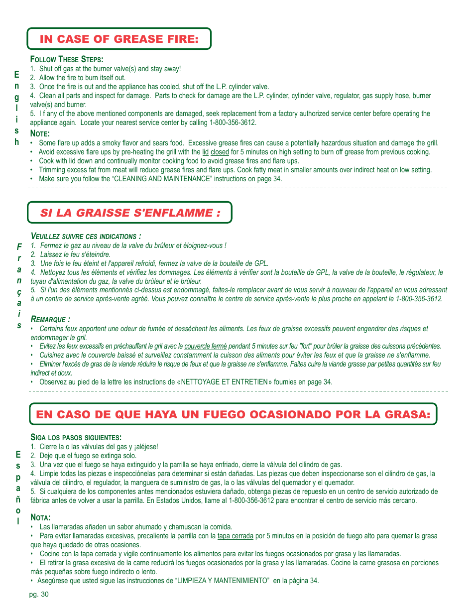 Si la graisse s'enflamme | Coleman Gas Barbecue User Manual | Page 30 / 44
