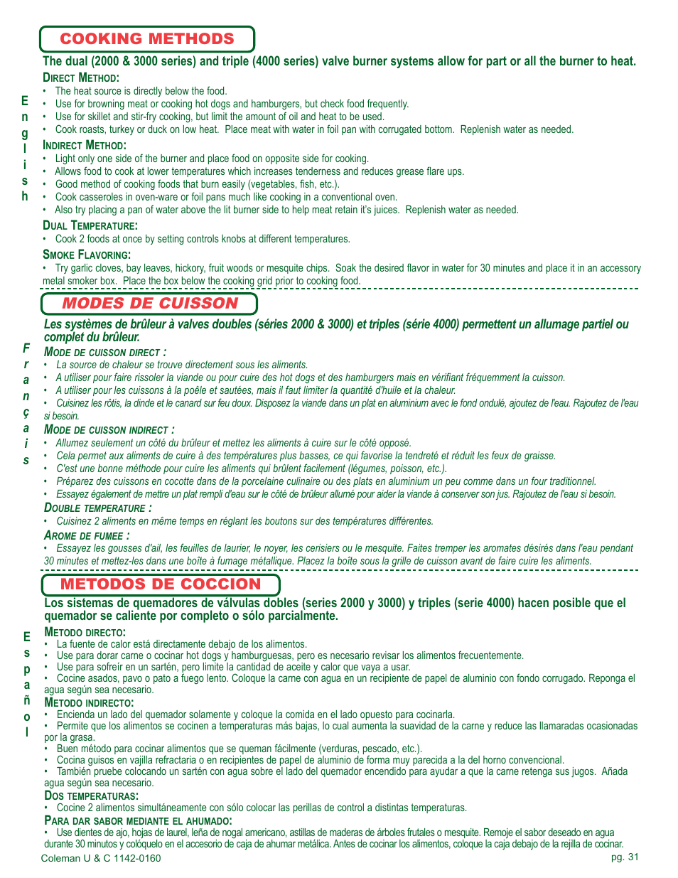 Modes de cuisson, Cooking methods, Metodos de coccion | Coleman Gas Barbecue User Manual | Page 31 / 44