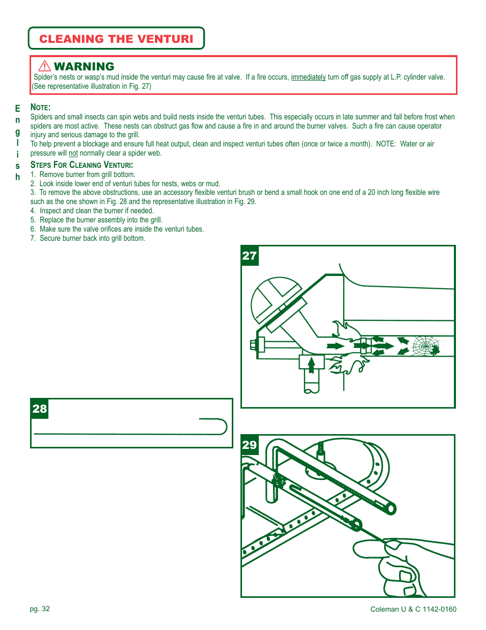 Cleaning the venturi warning | Coleman Gas Barbecue User Manual | Page 32 / 44