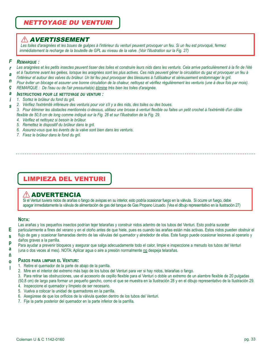 Nettoyage du venturi avertissement, Limpieza del venturi advertencia | Coleman Gas Barbecue User Manual | Page 33 / 44