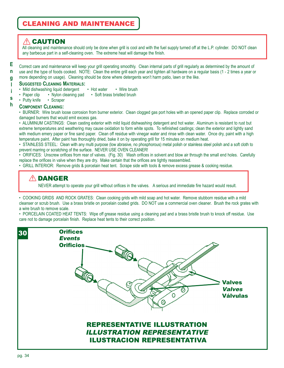 Illustration representative, Cleaning and maintenance, Caution | Danger, Representative illustration, Ilustracion representativa | Coleman Gas Barbecue User Manual | Page 34 / 44
