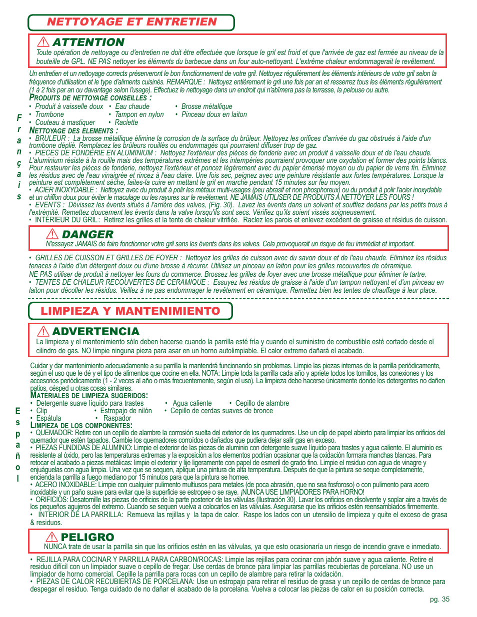 Nettoyage et entretien, Attention, Danger | Limpieza y mantenimiento, Advertencia, Peligro | Coleman Gas Barbecue User Manual | Page 35 / 44