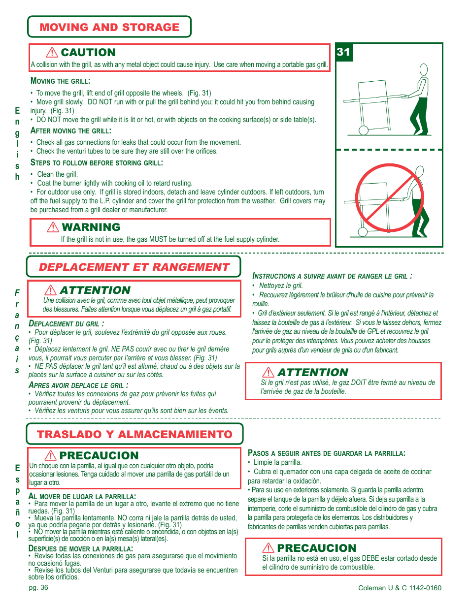 Deplacement et rangement attention, Attention, Moving and storage caution | Warning, Traslado y almacenamiento precaucion, Precaucion | Coleman Gas Barbecue User Manual | Page 36 / 44