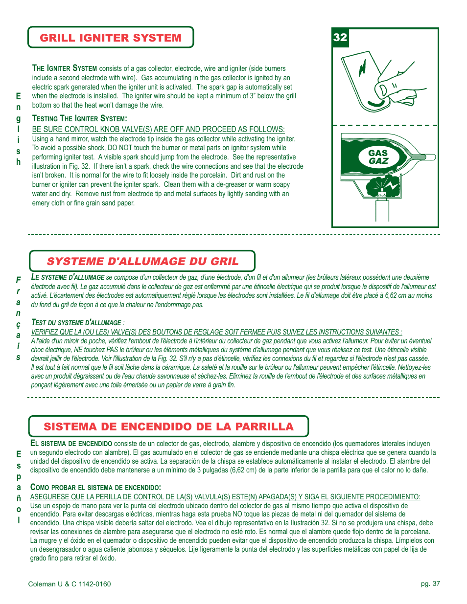 Systeme d'allumage du gril, Grill igniter system 32, Sistema de encendido de la parrilla | Coleman Gas Barbecue User Manual | Page 37 / 44