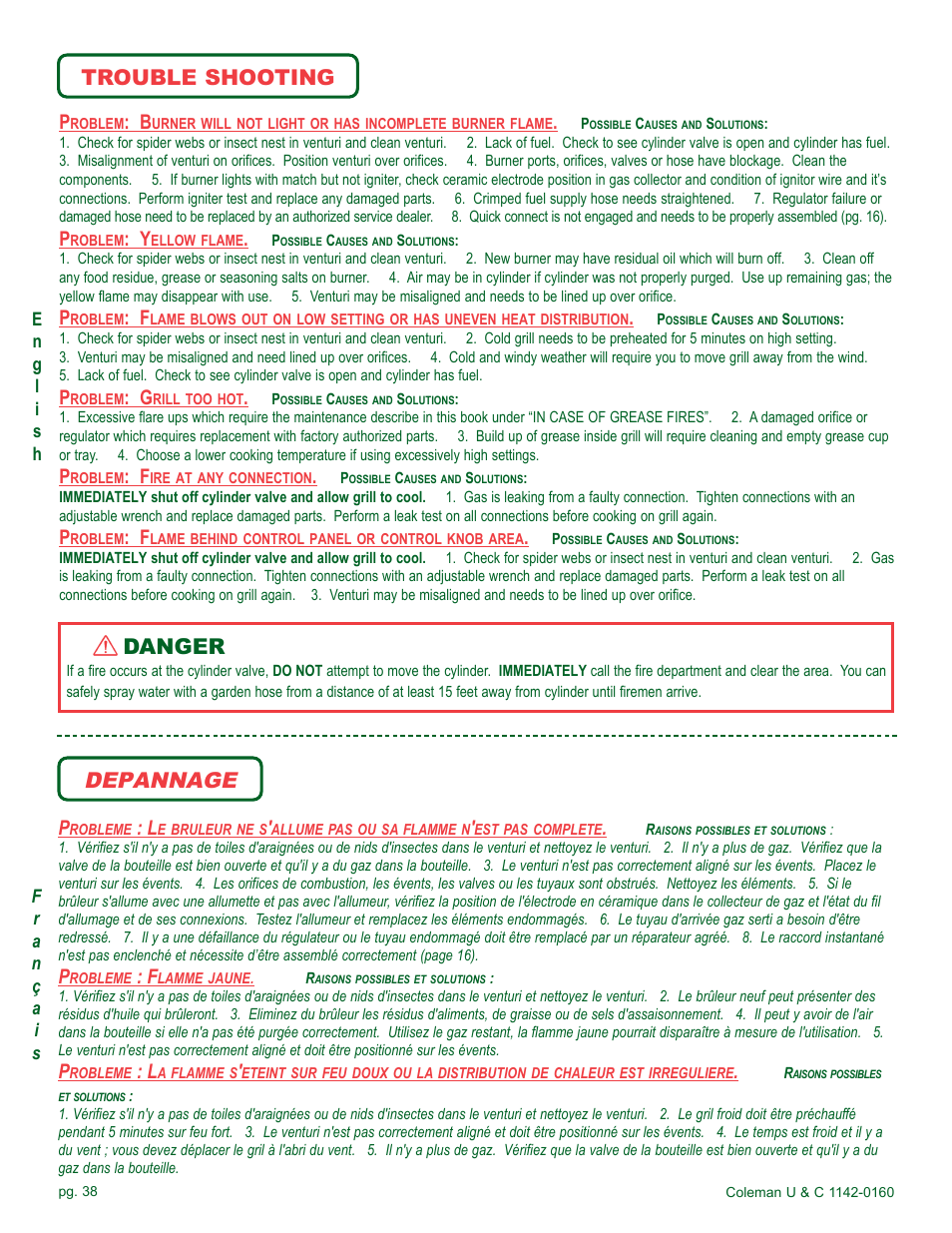 Depannage, Trouble shooting danger | Coleman Gas Barbecue User Manual | Page 38 / 44
