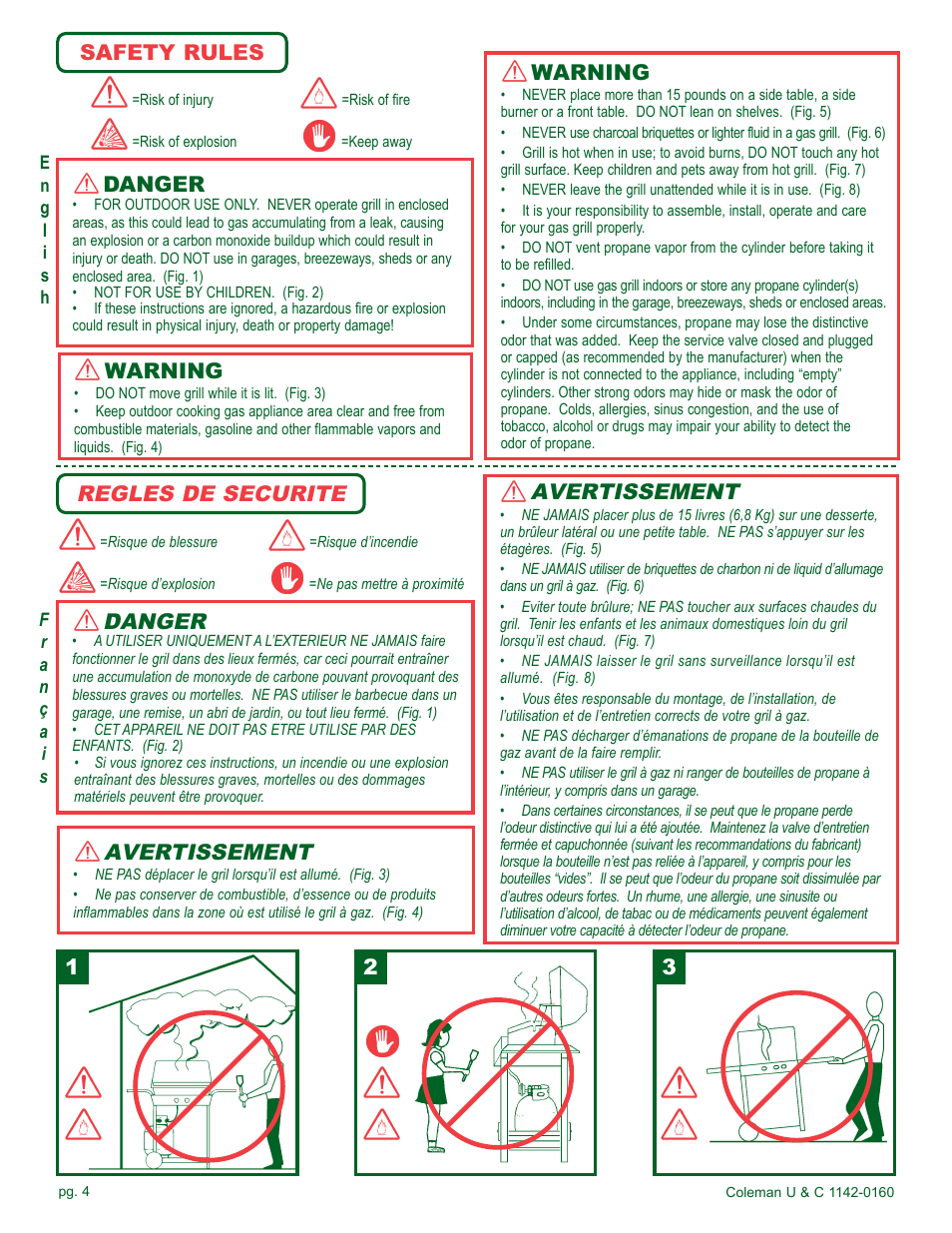 Regles de securite, Avertissement, Warning | Danger, Safety rules | Coleman Gas Barbecue User Manual | Page 4 / 44