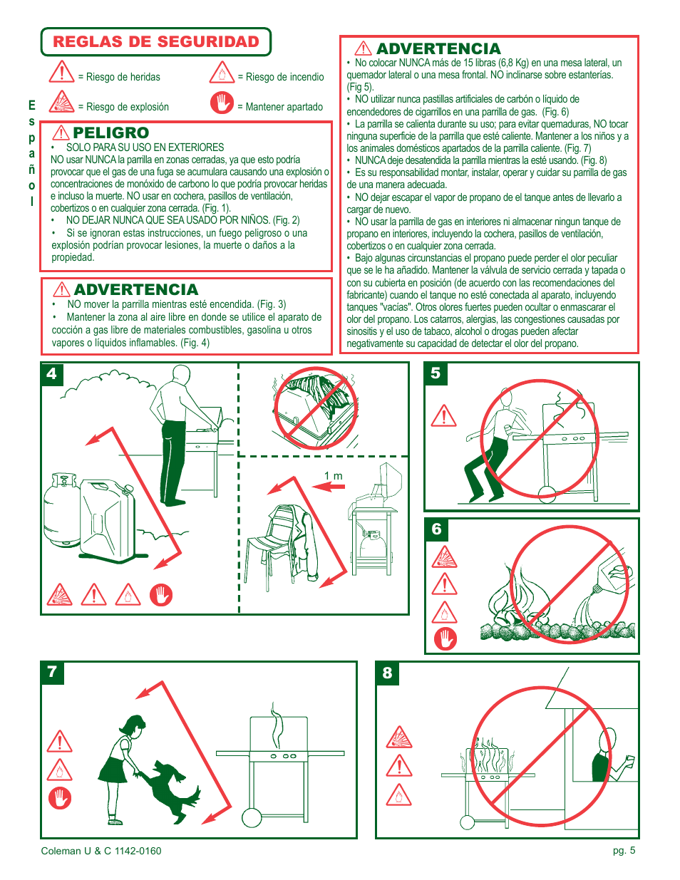 Advertencia, Peligro, Reglas de seguridad | Coleman Gas Barbecue User Manual | Page 5 / 44