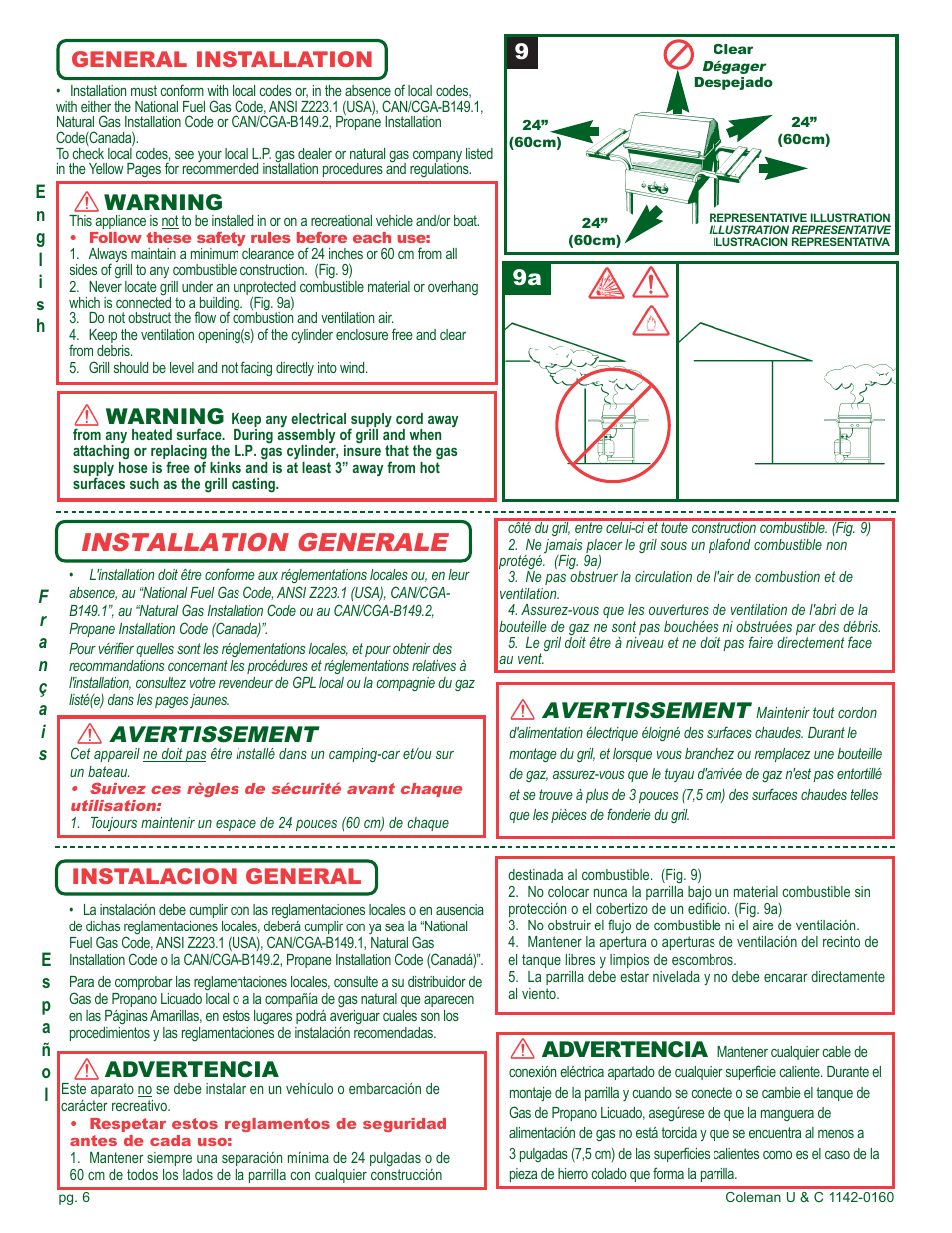 Installation generale, Avertissement, General installation | Warning, Instalacion general, Advertencia | Coleman Gas Barbecue User Manual | Page 6 / 44