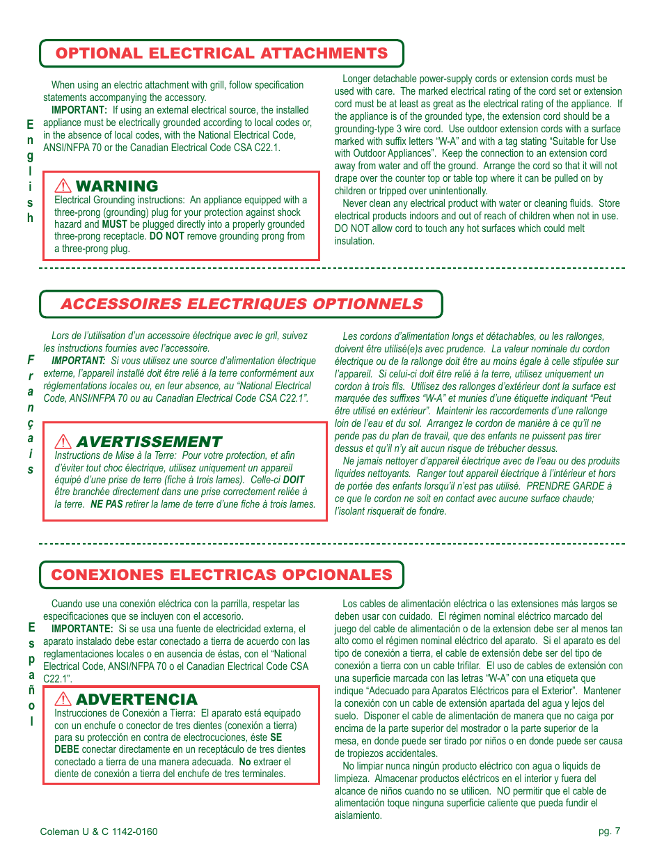 Avertissement, Accessoires electriques optionnels, Warning | Optional electrical attachments, Advertencia, Conexiones electricas opcionales | Coleman Gas Barbecue User Manual | Page 7 / 44