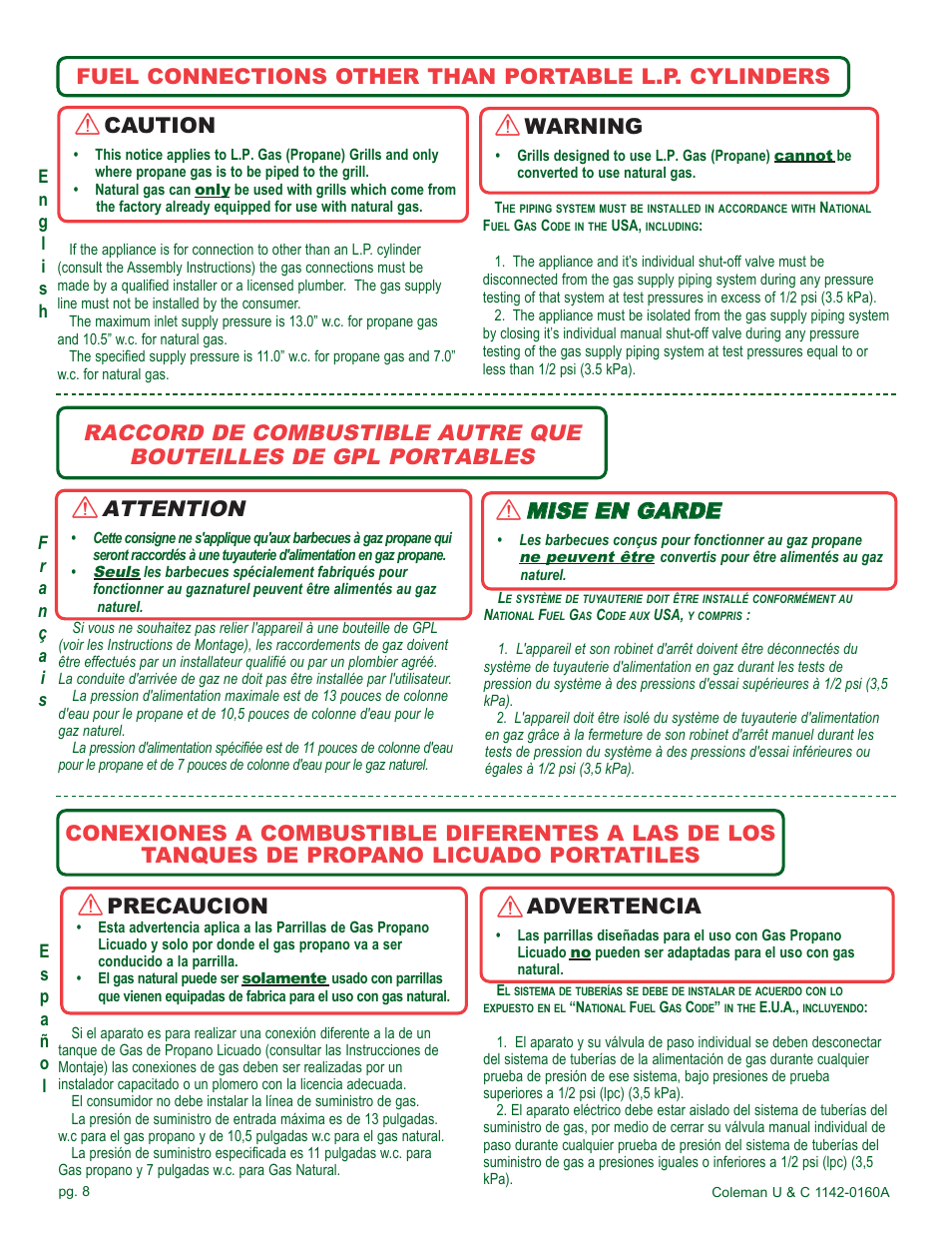 Attention, Mmiis se e e en n g ga ar rd de e, Caution | Warning, Precaucion, Advertencia | Coleman Gas Barbecue User Manual | Page 8 / 44