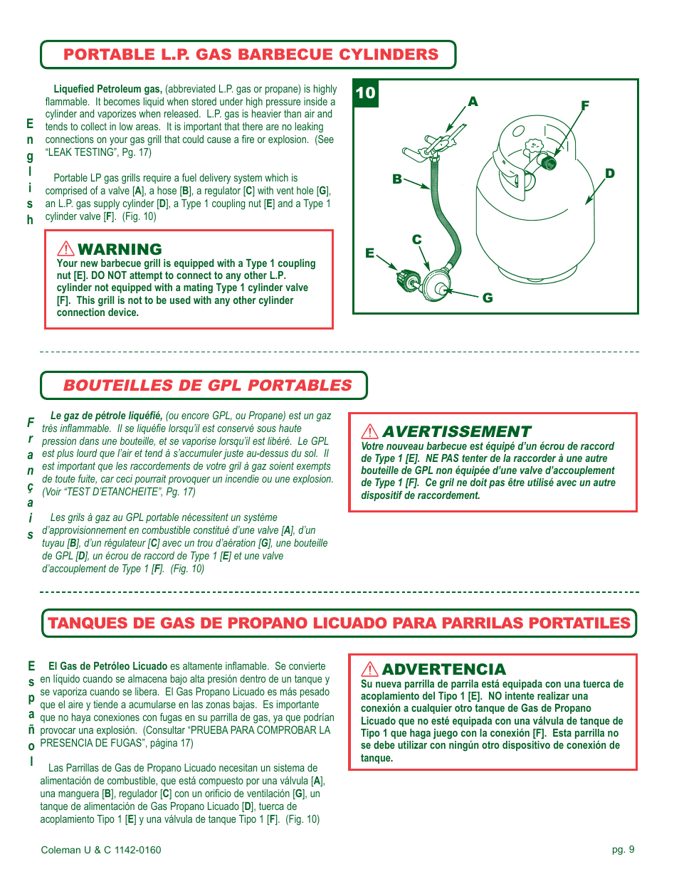 Bouteilles de gpl portables, Avertissement, Portable l.p. gas barbecue cylinders | Warning, Advertencia | Coleman Gas Barbecue User Manual | Page 9 / 44