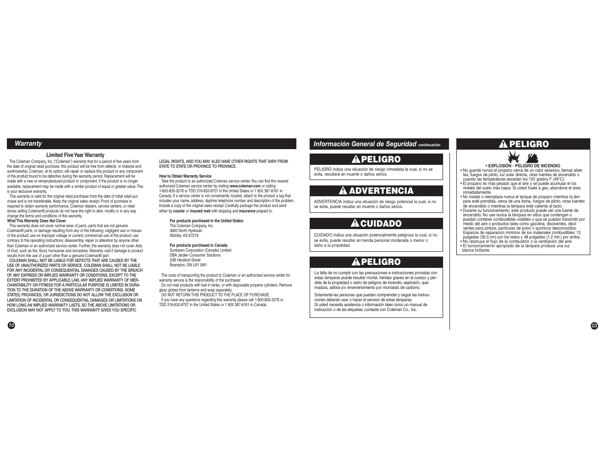 Peligro, Advertencia, Cuidado | Coleman 5155B User Manual | Page 10 / 16