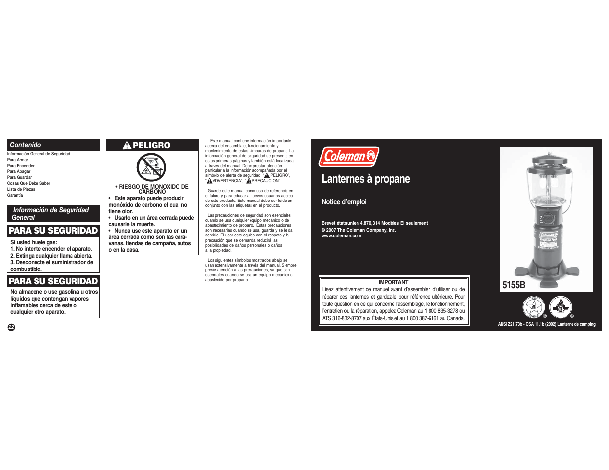 Lanternes à propane, 5155b, Para su seguridad | Peligro | Coleman 5155B User Manual | Page 11 / 16