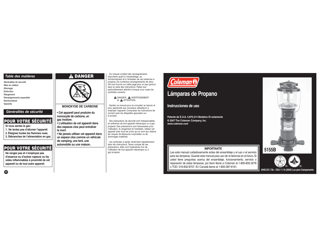 Lámparas de propano, 5155b, Pour votre sécurité | Danger | Coleman 5155B User Manual | Page 12 / 16