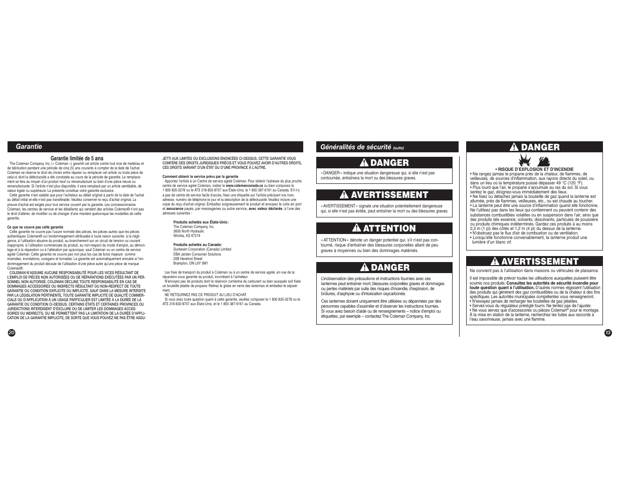 Avertissement, Danger, Attention | Coleman 5155B User Manual | Page 13 / 16